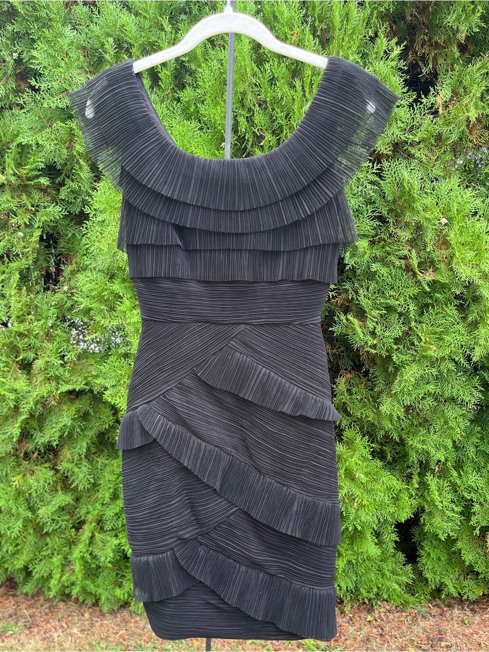 BCBGMaxAzria Black Pleated Ruffle Sheath Dress. LBD!